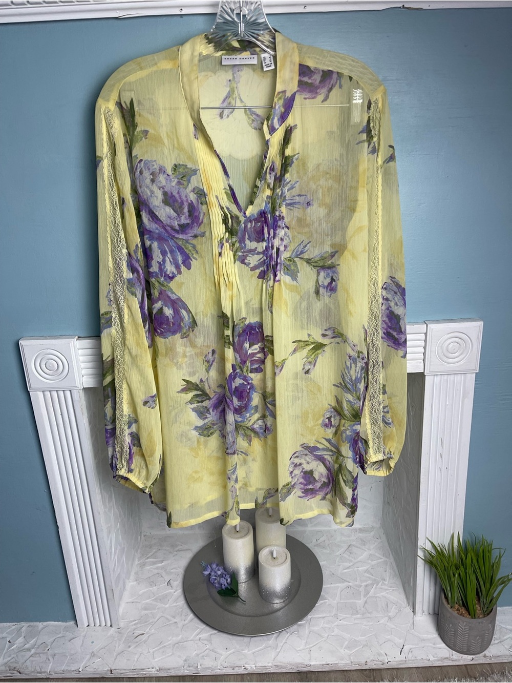 Susan Graver Sheer Floral Blouse/Cover-Up in Yellow and Purple Accents